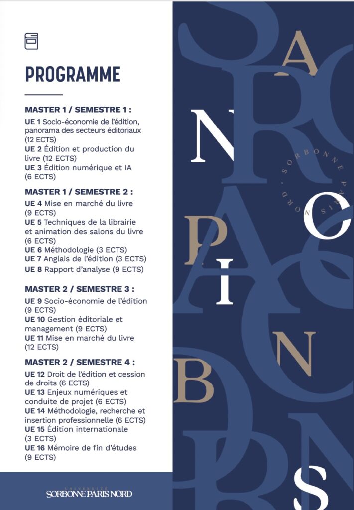 Programme Masters Commercialisation du livre à l’université Sorbonne Paris Nord 