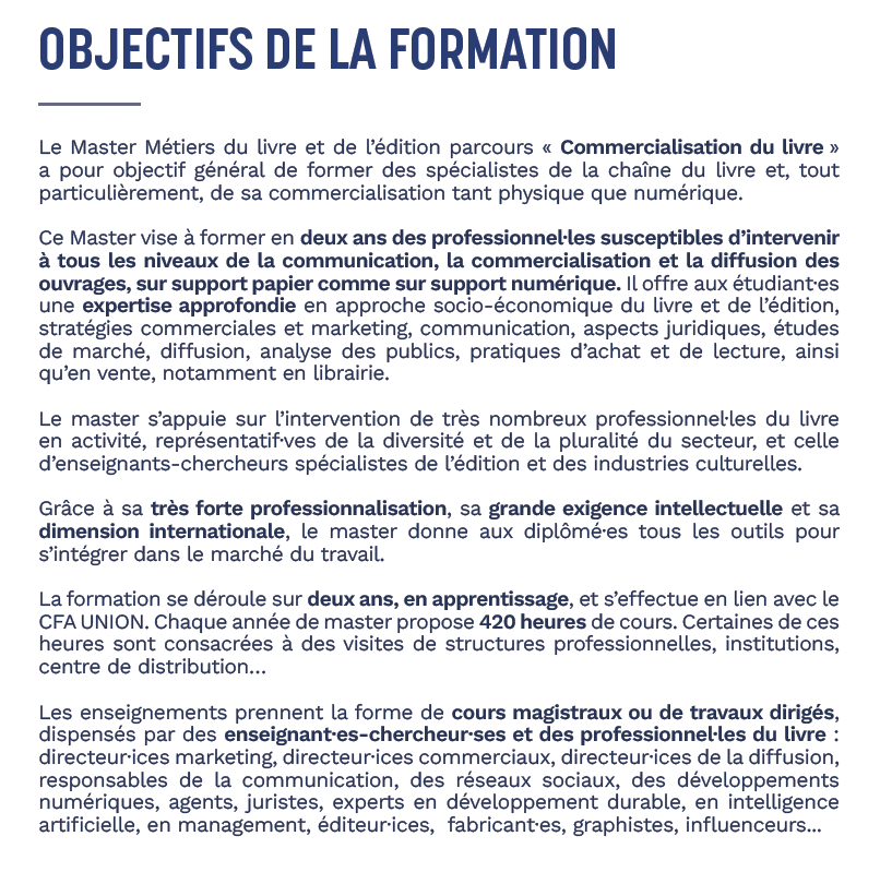 Objectifs de la formation Métiers du livre à l’université Sorbonne Paris Nord Parcours Commercialisation du livre