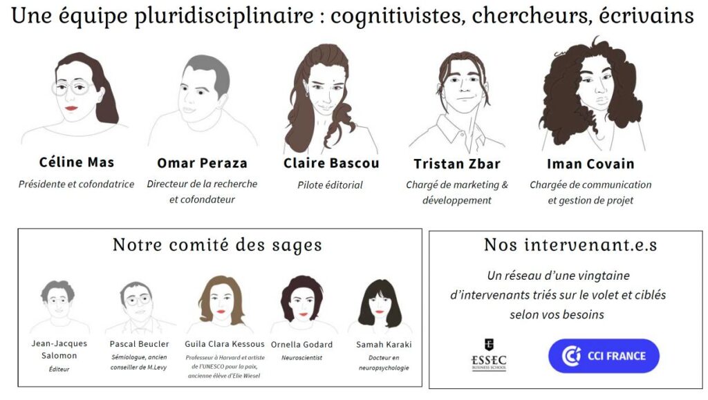 infographie qui présente l'équipe pluridisciplinaire de Love for livres. Love for livres regroupe des cognitivistes, chercheurs et écrivains