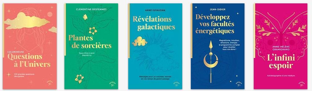 5 couvertures de livres de la collection Animae : Questions à l'univers de Lulumineuse, Plantes de sorcières de Clémentine Desfemmes, Révélations galactiques de Anne Givaudan, Développez vos facultés énergétiques de Jean-Didier et L'infini espoir de Anne-Hélène Gramignano