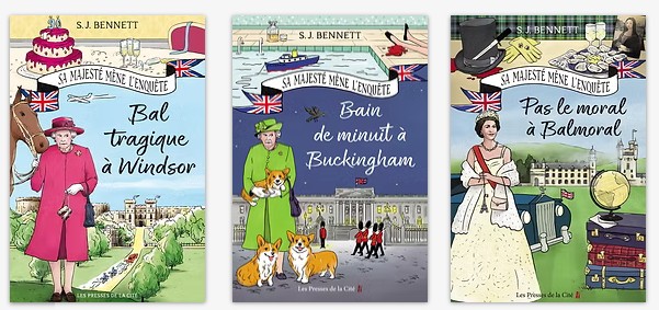 3 couvertures de livres de la série Sa majesté mène l'enquête de S.J. Bennett : Bal tragique à Windsor, Bain de minuit à Buckingham et Pas le moral à Balmoral