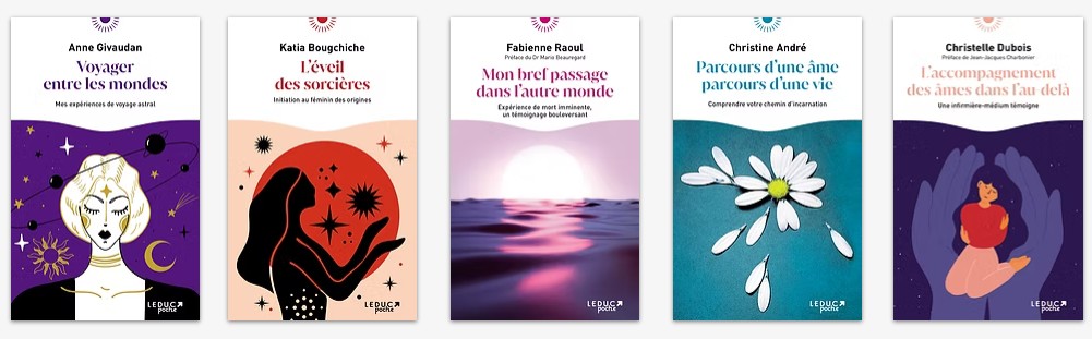 5 couvertures de livres de la collection Leduc Poche : Voyager entre les mondes d'Anne Givaudan, L'éveil des sorcières de Katia Bougchiche, Mon bref passage dans l'autre monde de Fabienne Raoul, Parcours d'une âme, parcours d'une vie de Christine André et L'accompagnement des âmes dans l'au-delà de Christelle Dubois