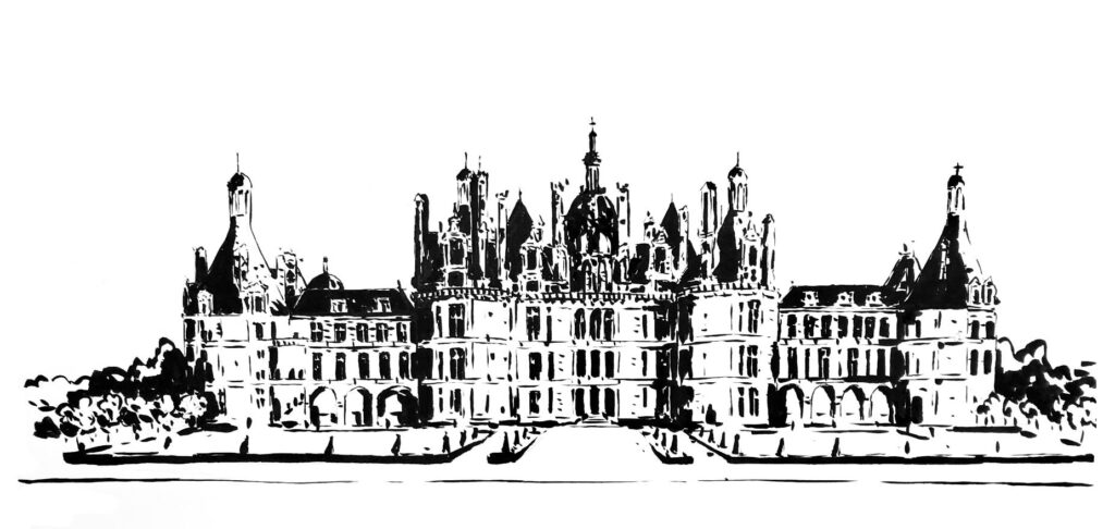Vue d'un bâtiment historique reproduite à l'encre de Chine par Constance