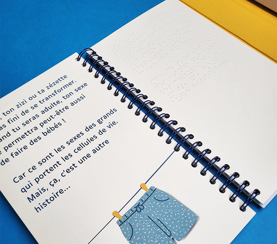 intérieur du livre adapté et tactile, Zizis et zézettes. on peut voir une image tactile, du texte en gros caractères ainsi que du texte en braille
