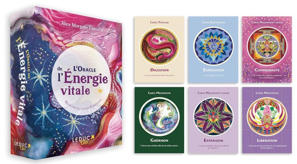 Couverture du coffret et visuels de six cartes de L'oracle de l'Énergie vitale d'Alice Morgane Dancette.