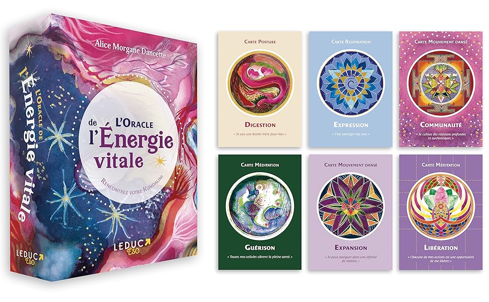 Coffret de L'oracle de. l'énergie vitale de Alice Morgane Dancette, avec six visuels de cartes représentant des mandalas sur des fonds colorés