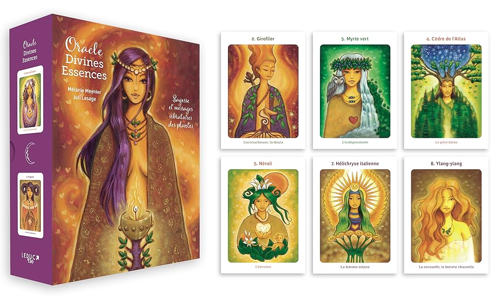 Coffret Oracle Divines Essences de Mélanie Meynier et Julï Lesage, avec six visuels de cartes